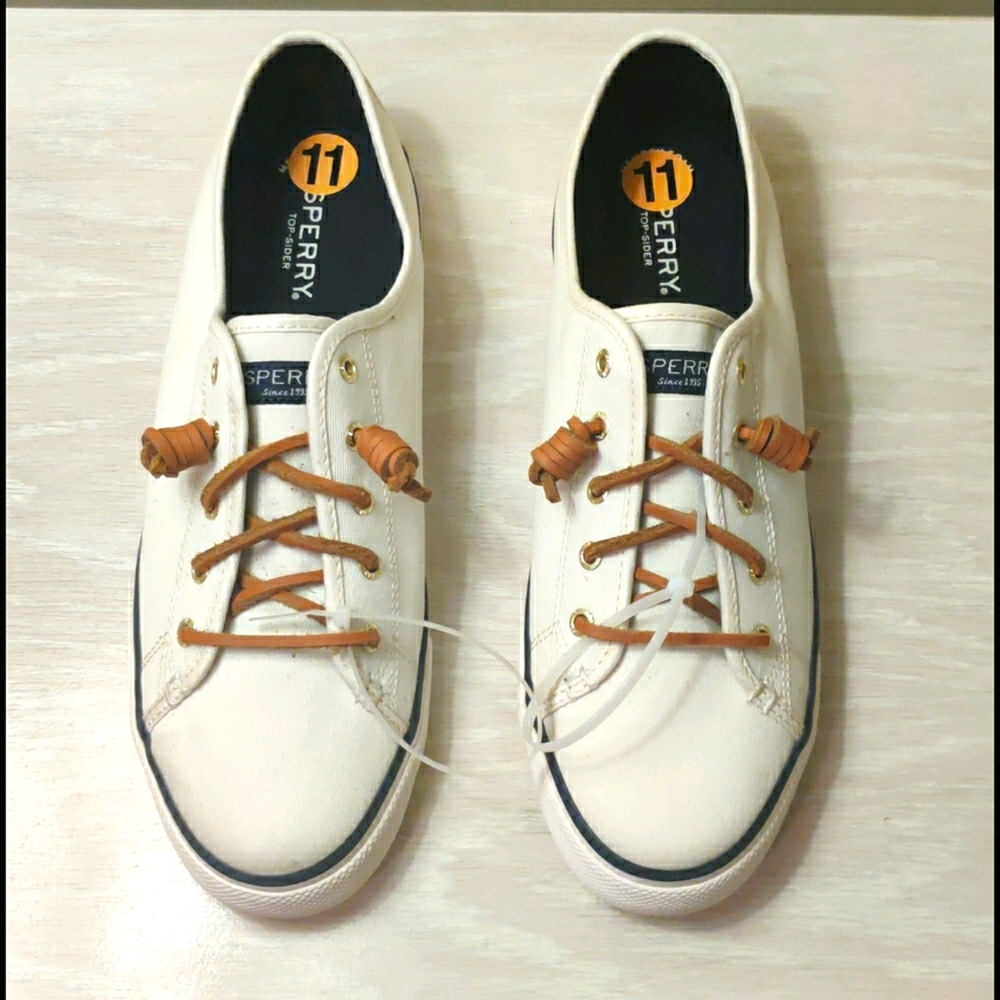 Sperry White Canvas Sneakers with Tan Laces